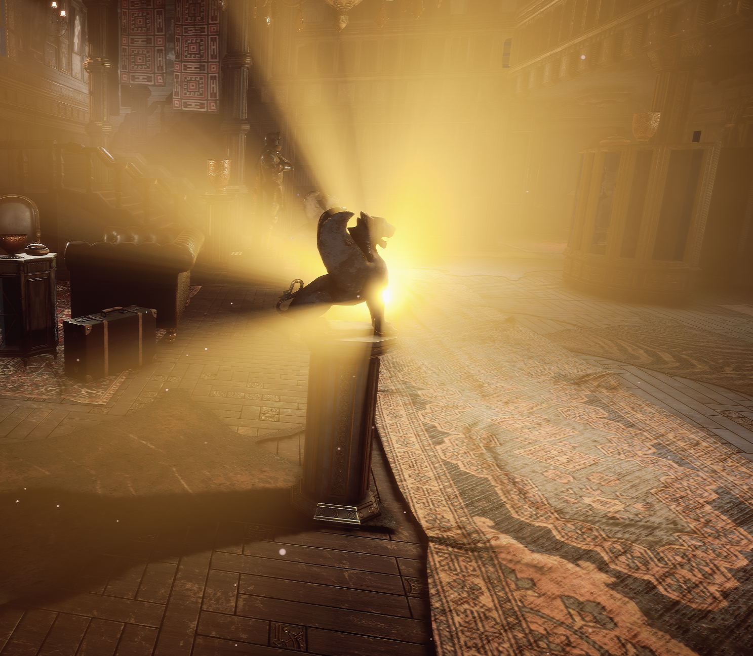 A volumetric beam through haze, occluded by the statue it lights.