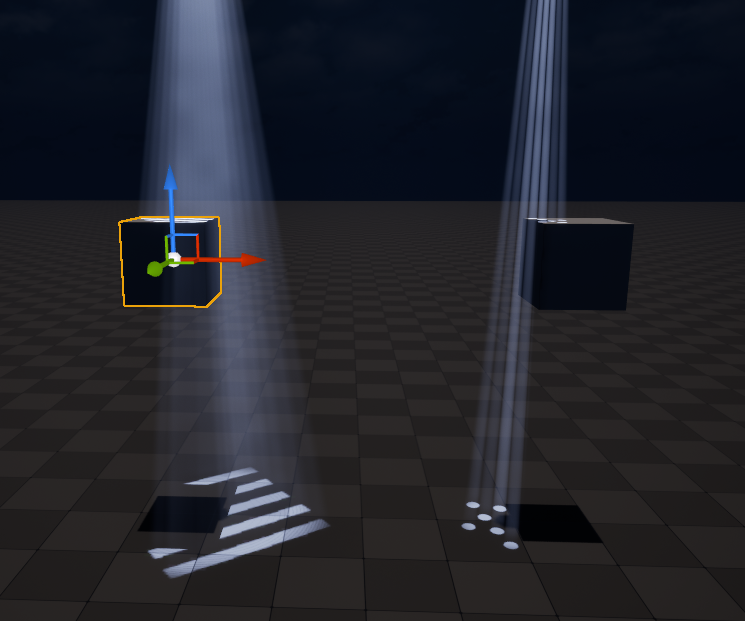Two beams blocked by the same cube: the column loses its lower half and the ground pattern loses the matching wedge, because both read one shadow atlas.