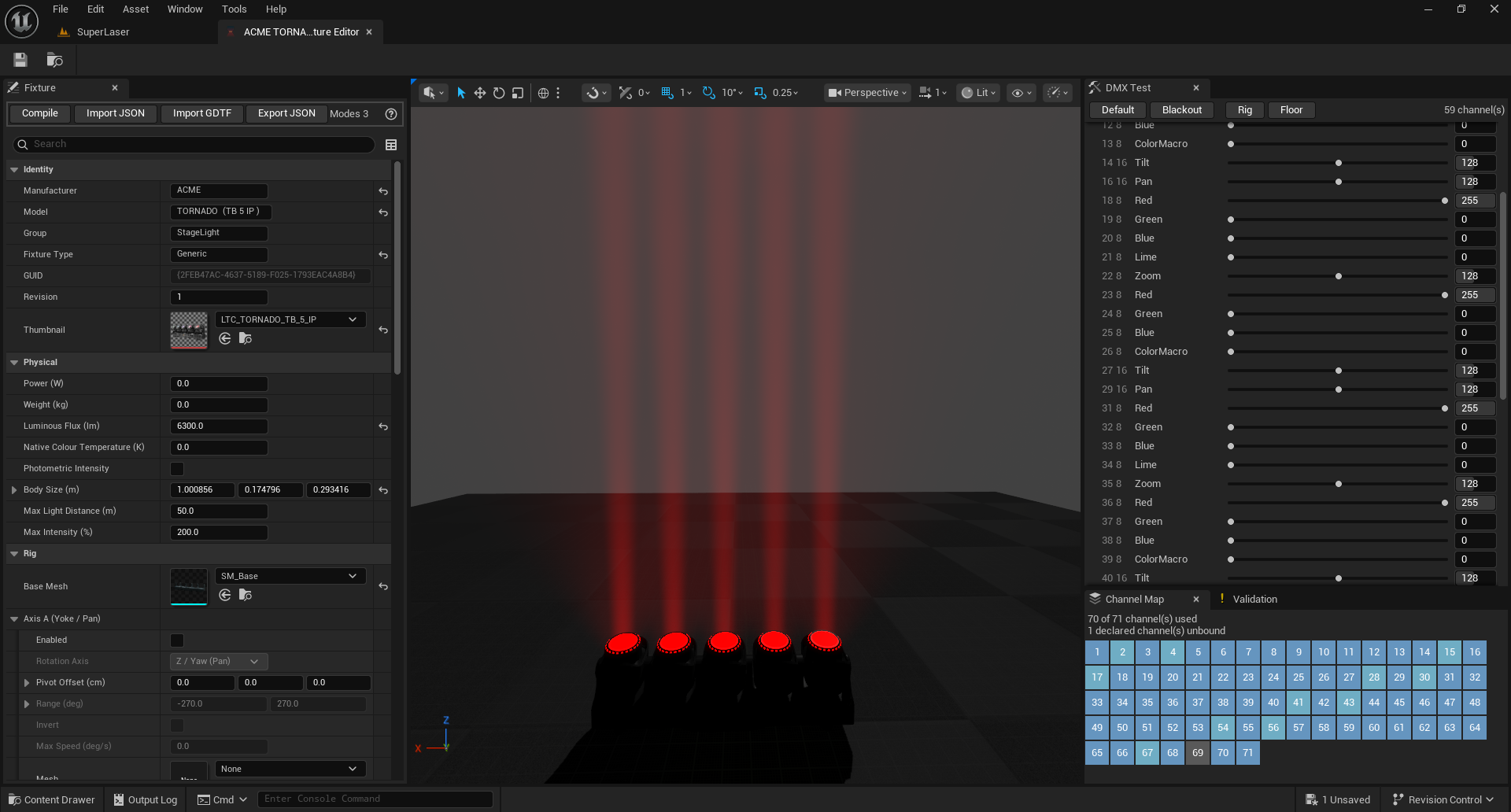 Identity, physical data and mechanical axes on one definition asset, with pan range read from the GDTF package.