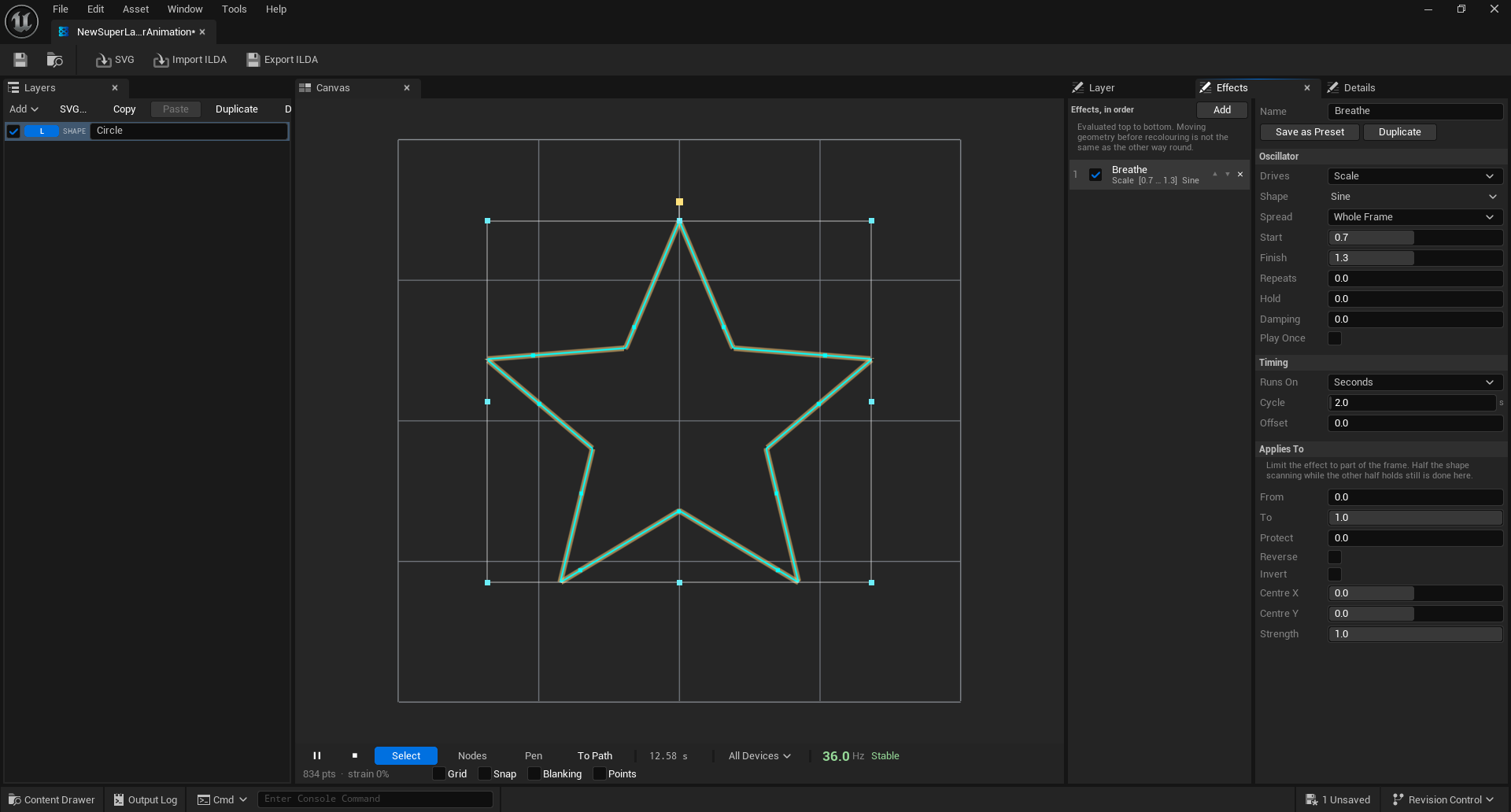 Bezier canvas, effect stack, and the scanner verdict: 36 Hz, stable, 834 points.