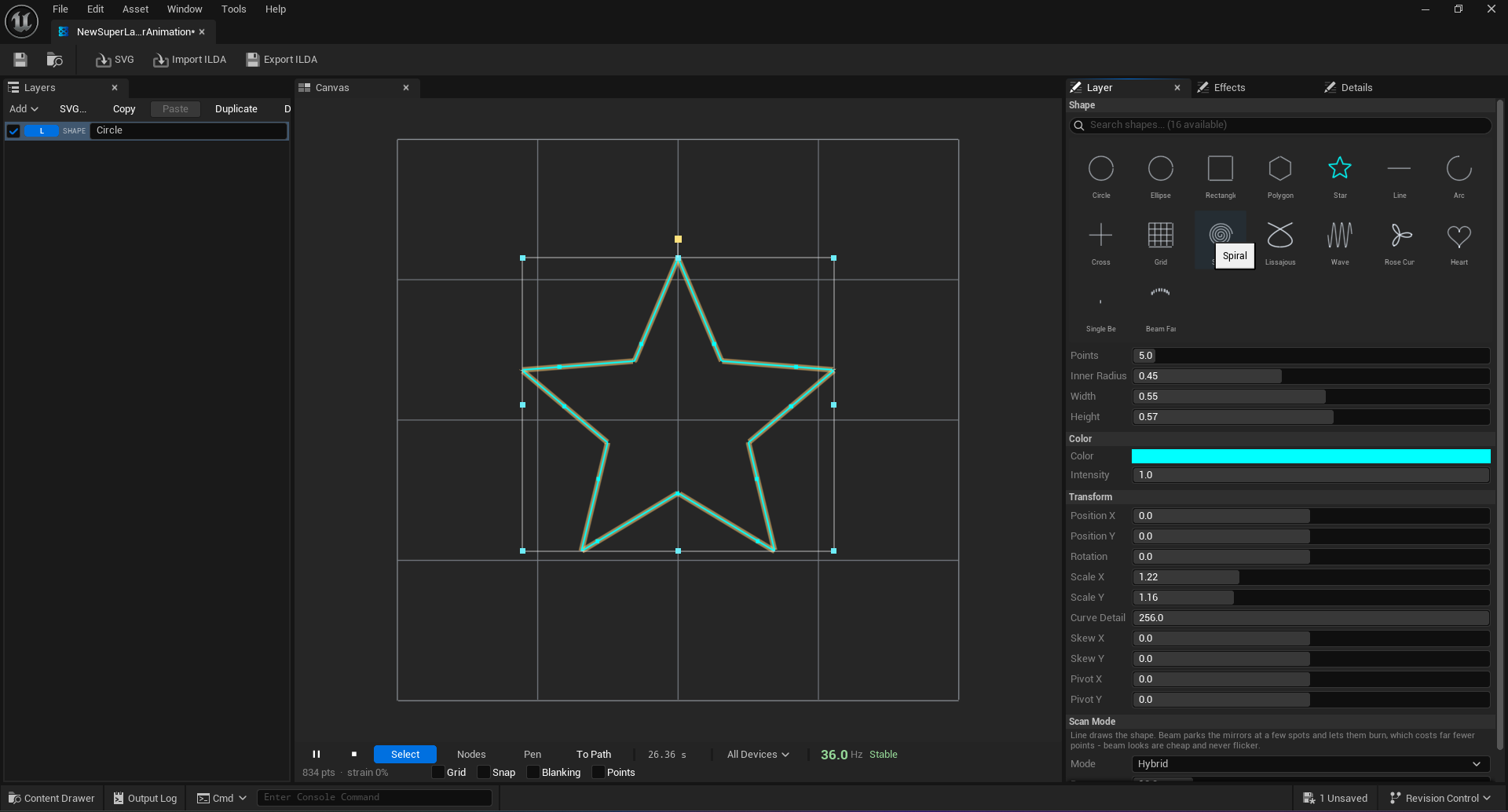 Sixteen parametric shapes with per-layer geometry, colour, and scan mode.