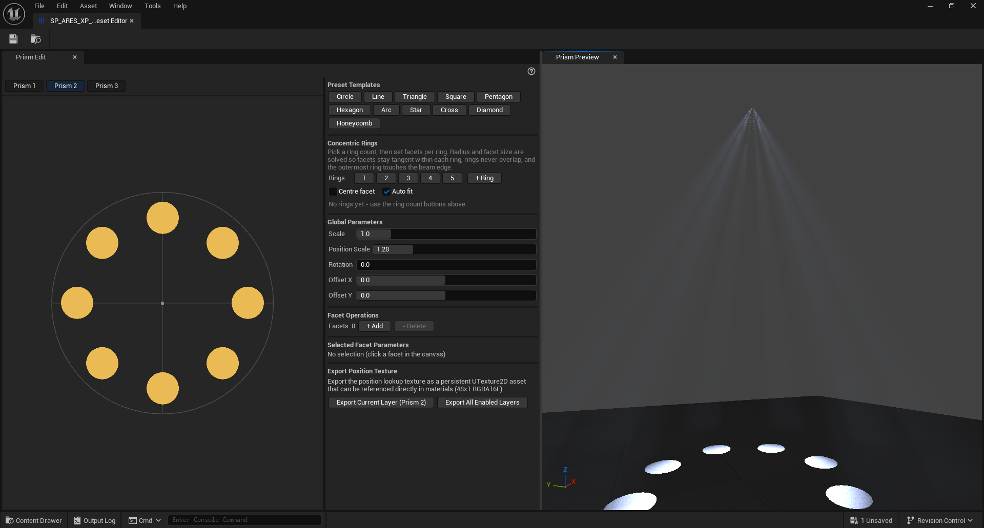 Concentric-ring prism layout solved so facets stay tangent within each ring, previewed live.