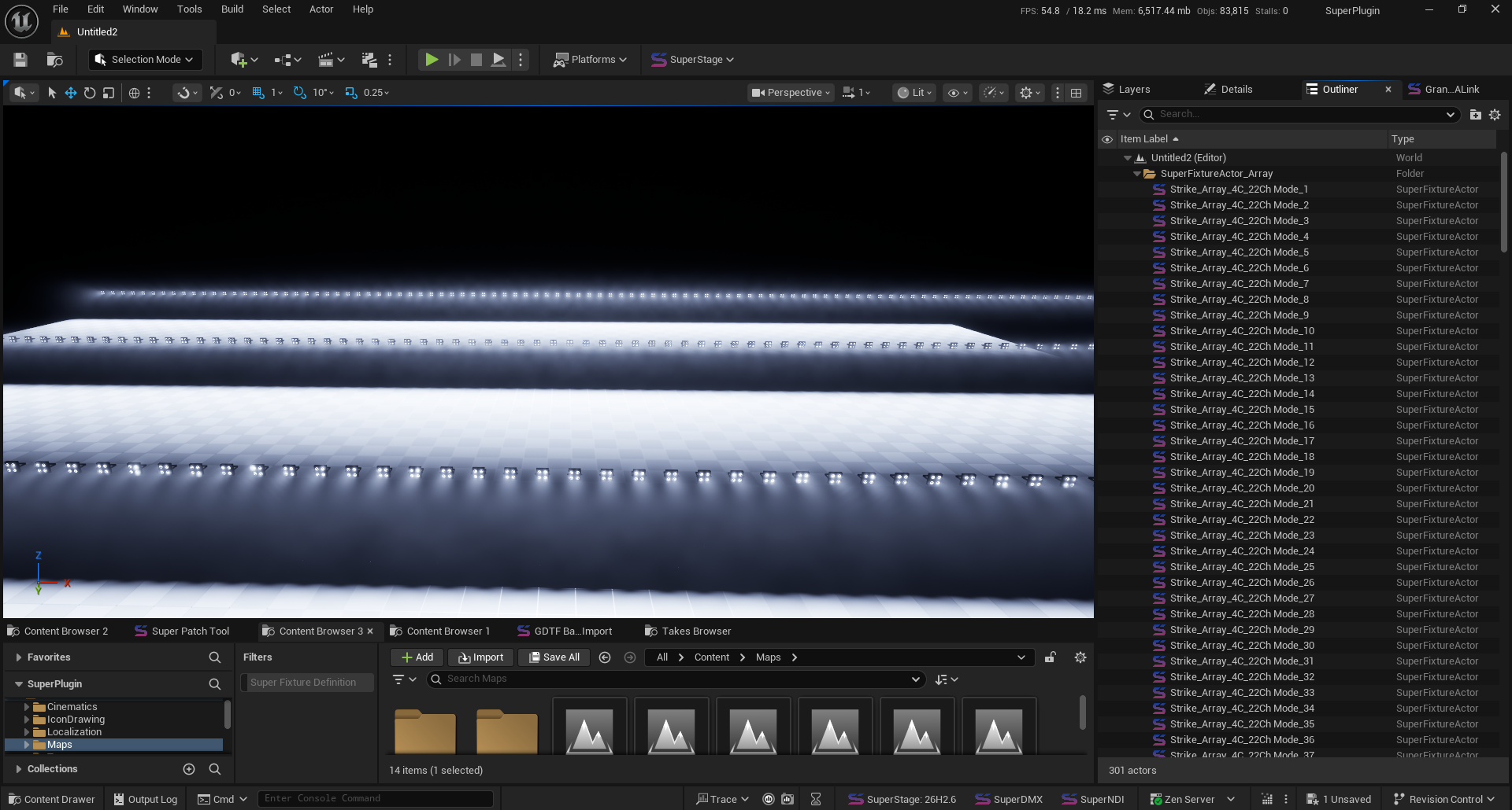 Three hundred data-driven fixtures in one scene, every row the same actor class, distinguished by its definition asset.